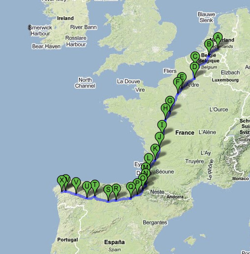 Volledige fietsroute van Best naar Santiago de Compostella